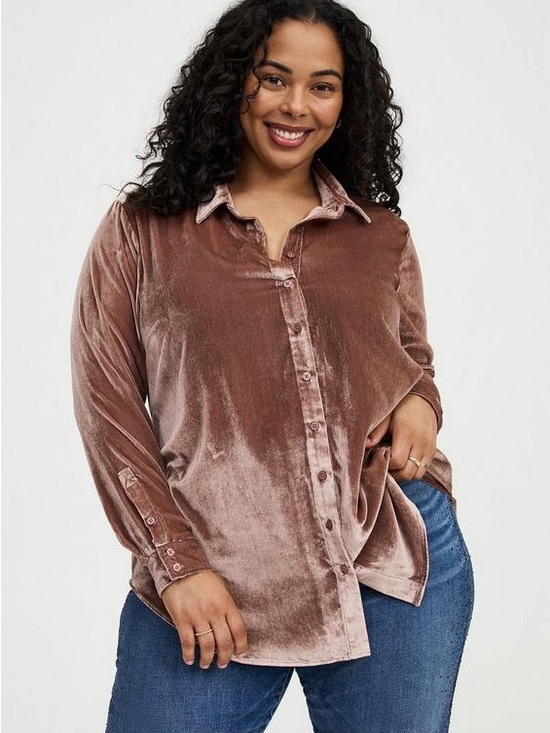 torrid Tops - torrid | Lizzie Velvet Button-Up Shirt Nutmeg